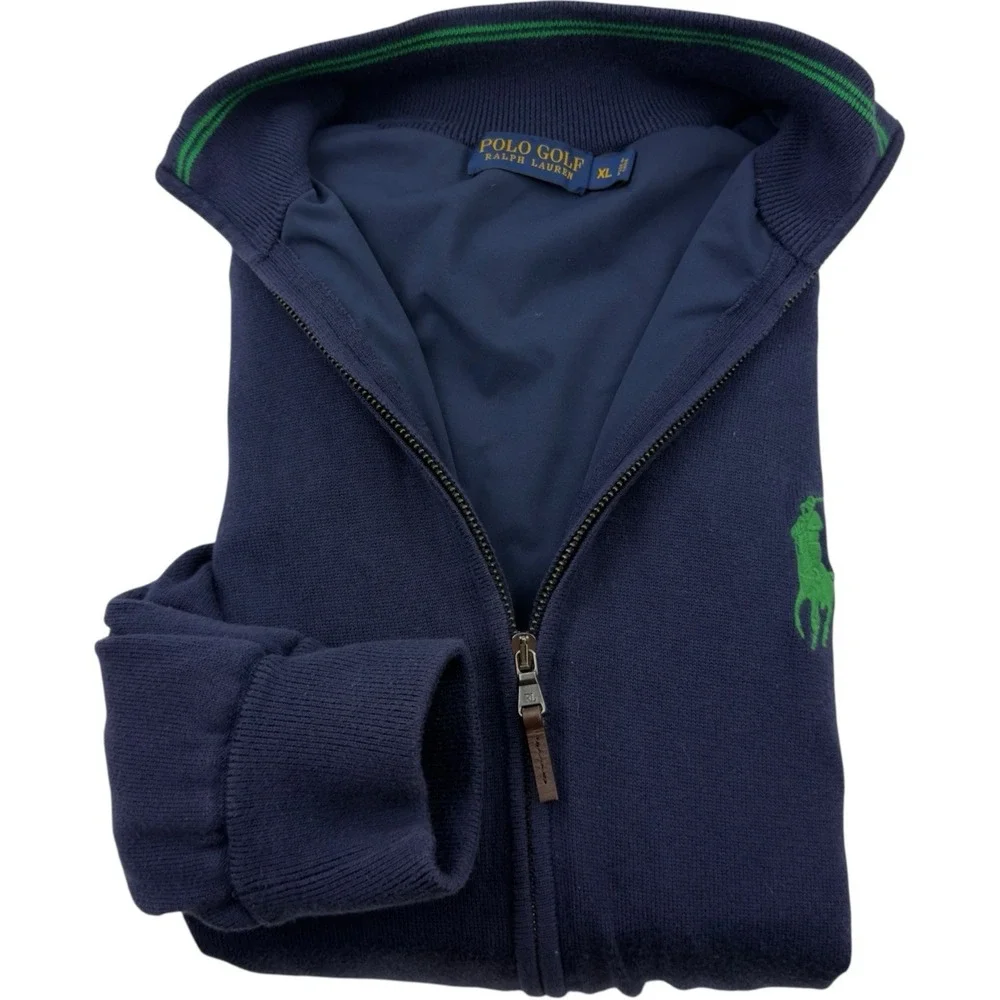 Polo Ralph Lauren Blue w/ Green Large Logo Full Double Zip Sweater Men's Size XL
